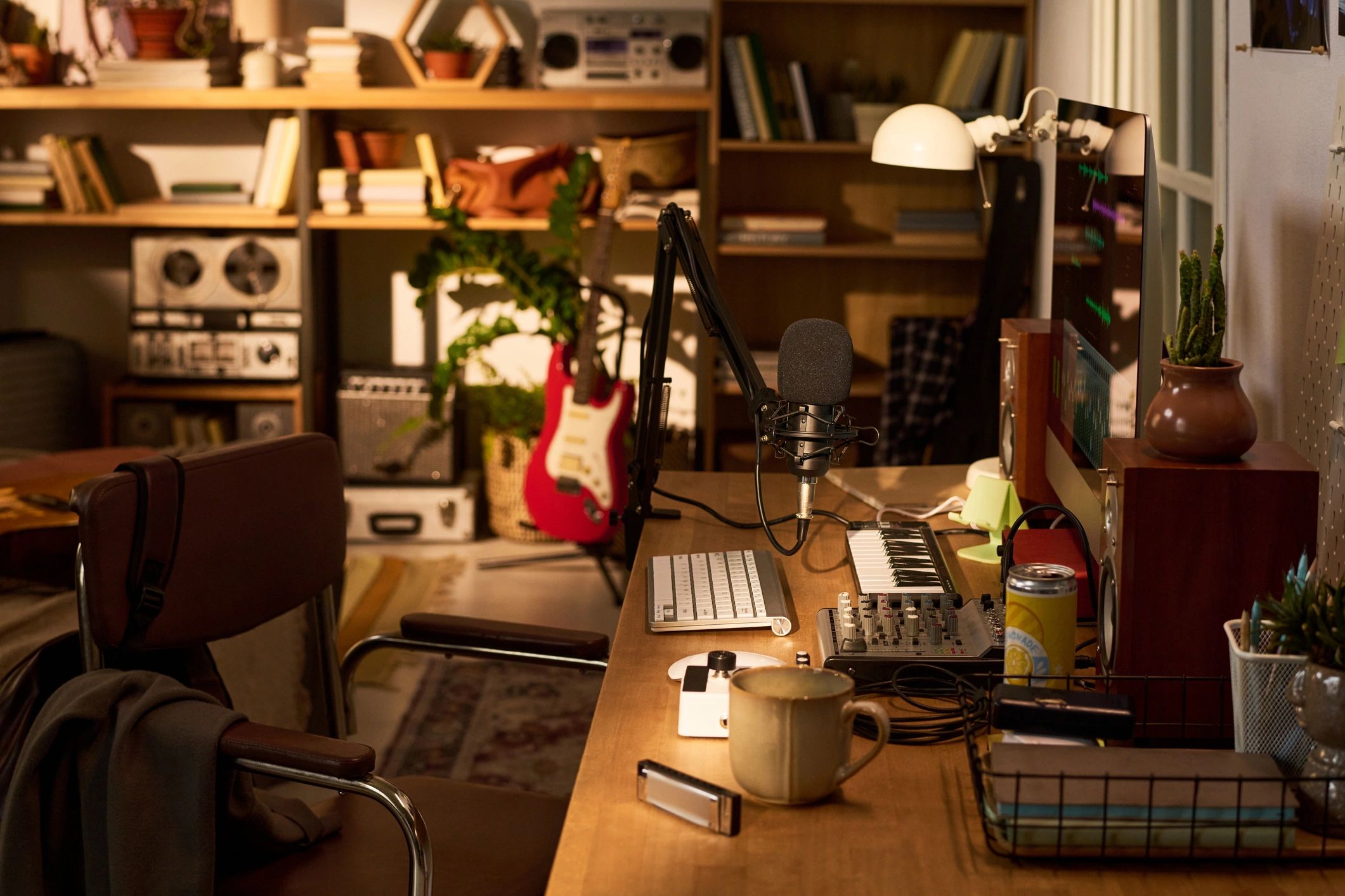 Podcast studio microphone and recording workspace